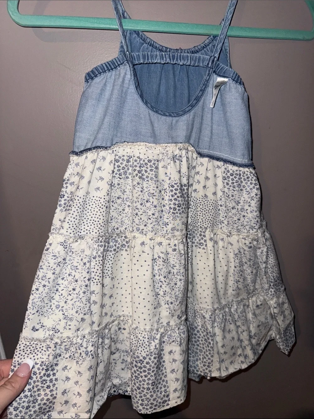 Girls Blue Chambray & White Floral Patchwork Sundress
